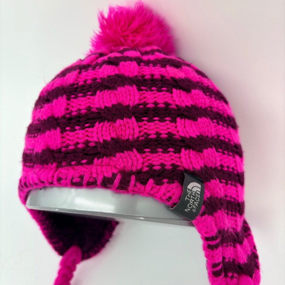 The North Face Girls Knit Earflap‎ Beanie Hat Pink/Burgundy Fleece Lined Pom S/M